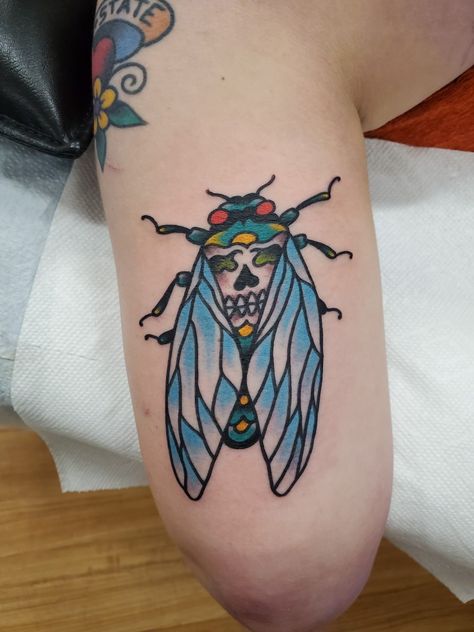 American Traditional Cicada Tattoo, Cicada Tattoo Traditional, Dumbest Tattoos, Butterfly Sleeve Tattoo, Match Tattoo, Tattoo Planning, Cicada Tattoo, Uv Art, Tattooed Lady