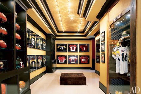 Dream Home Decorating Ideas: Tatami Room, Home Spa, Screening Rooms Photos | Architectural Digest Trophy Room Ideas, Sports Room Man Cave, Sports Memorabilia Room, Headquarters Design, Badminton Quotes, Wyoming House, Hines Ward, Trophy Wall, Football Rooms