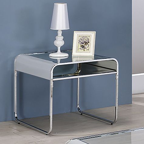 Wade Logan® Armantine Glass Sled End Table with Storage | Wayfair Chrome Bedside Table, Glass Top End Tables, End Table With Storage, Tripod Table Lamp, Glass End Tables, End Table Sets, Table With Storage, End Tables With Storage, Low Shelves