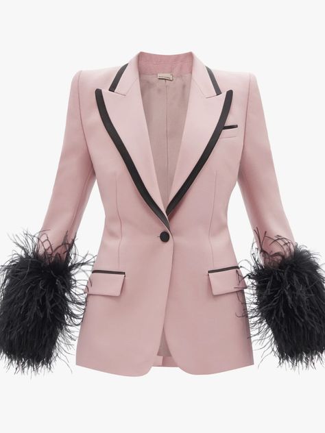 Feather Trim Skirt, Feather Outfit, Zara Shop, Prom Inspo, Feather Jacket, Project Board, Gucci Eyewear, Pink Suit, Trim Jacket