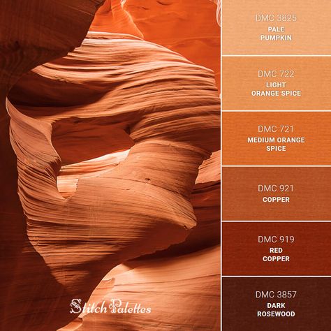 Antelope Canyon - Embroidery Color Palette (With Thread Codes) Embroidery Color Palette, Sunset Color Palette, Orange Palette, Color Terracota, Orange Color Palettes, Brown Color Palette, Color Schemes Colour Palettes, Sunset Ocean, Dmc Embroidery