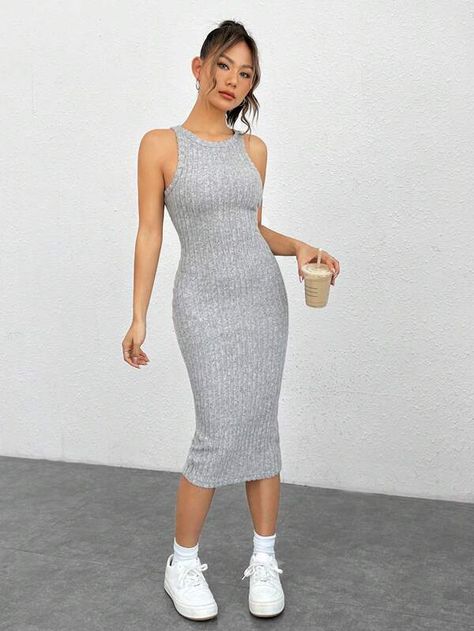 SHEIN EZwear Solid Ribbed Knit Tank Dress | SHEIN South Africa Grey Bodycon Dress Outfit, Bodycon Dress Outfit Casual, Bodycon Dress Outfit, Grey Bodycon Dress, Dress Outfit Casual, Body Con Dress Outfit, Knit Tank Dress, Shein Outfits, Tracksuit Women