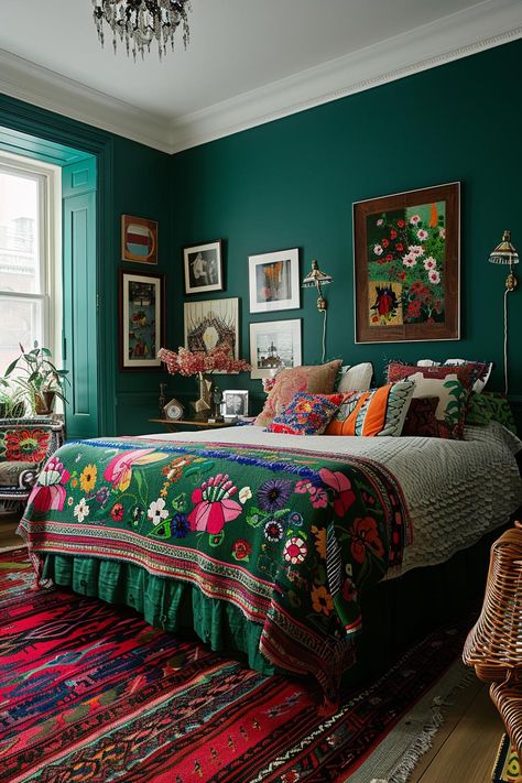 Eclectic Maximalism Bedroom, Cozy Eclectic Bedroom, Dopamine Decorating, Colorful Eclectic Bedroom, Eclectic Bedroom Ideas, Eclectic Bedroom Design, Botanical Bedroom, Maximalist Bedroom, Cozy Textiles