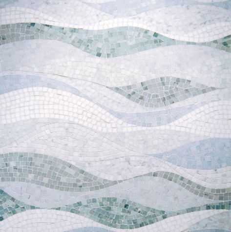 Add a touch of style to your home with the Onda Aqualine Weave Stone Mosaic. This modern stone mosaic seamlessly weaves onto walls and floor to create an intricate pattern with variations of line and color. Materials: Ming Green, Cipolino, Blue Celest, Carrara, Calacatta, and Thassos All Polished. Available in Honed Finish. Stone Floor Pattern, Coastal Shower Tile Ideas, Mosaic Shower Wall, Hawaii Bathroom, Mosaic Tile Bathroom, Mosaic Bathroom Floor, Wave Tile, Blue Floor Tile, Mosaic Waves