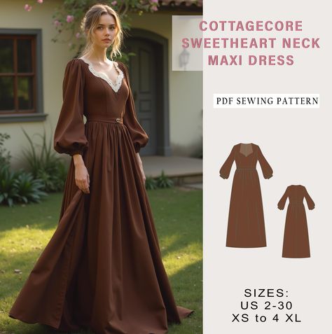 Digital sewing pattern for set cottagecore sweetheart neck neck maxi dress. ✔️ US Sizes: 2, 4, 6, 8, 10, 12, 14, 16, 18, 20, 22, 24, 26, 28, 30 ✔️ Standard sizes: XS, S, M, L, XL, 2XL, 3XL, 4XL/5XL ✔️These templates are suitable for A4, A0 and US Letter size paper. When you purchase this pattern, you will receive a digital (pdf) sewing pattern and instructions. Once your payment processes, you will automatically receive a download links of pattern files. If you have any problem accessing the fil 1800 Dress Patterns, Witchy Dress Pattern, Western Sewing Patterns, Winter Dress Pattern Free, Sewing Set Up, Cottagecore Halloween Costume, Sewing Maxi Dress, Cottage Core Dress Pattern, Easy Clothing Patterns