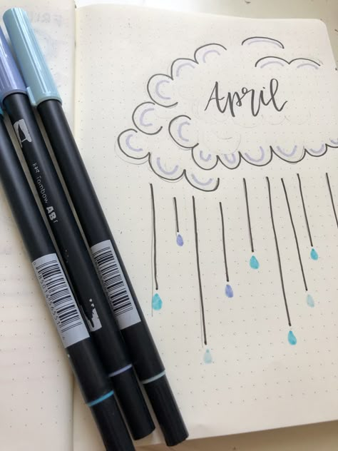 Journal Month Cover Page, Bujo Rain Theme, April Whiteboard Ideas, April Showers Bullet Journal, Bujo April Theme, April Cover Page Bullet Journal, April Bullet Journal Calendar, Monthly Cover Page Bullet Journal, April Journal Cover