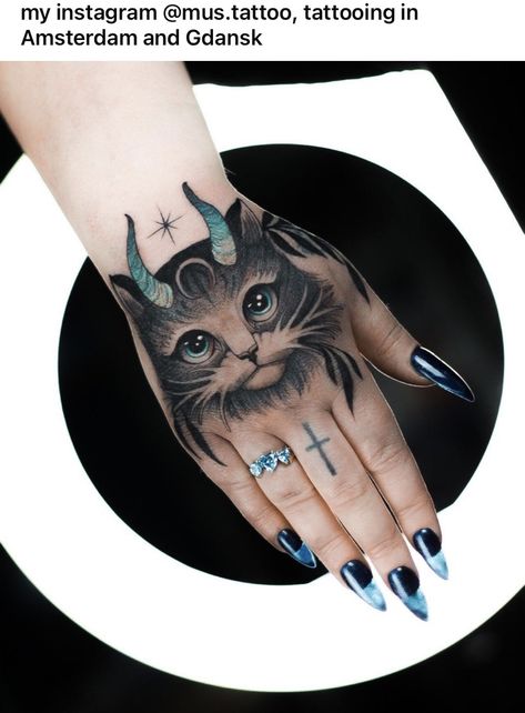 Cat Hand Tattoos For Women, Hand Cat Tattoo, Sugar Skull Cat Tattoo, Cat Tattoo Hand, Animal Hand Tattoo, Cat Hand Tattoo, Wiccan Tips, Ear Tats, Tattoo Gato