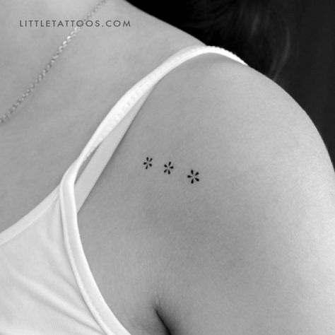 Set of three minimalist flower ornament temporary tattoos. Size: 1.3 in / 3.4 cm (width) Three Small Tattoos, Tiny Tattoo Flower, Tattoo For Three Kids, Corningware Tattoo, Star Minimalist Tattoo, Minimalist Back Tattoo Women, Tiny Flowers Tattoo, Three Flowers Tattoo, Minimal Back Tattoo