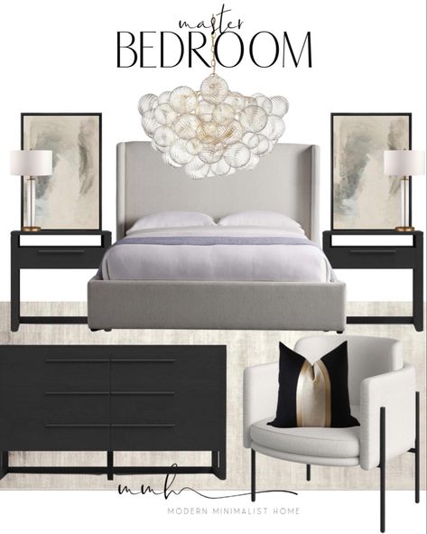 Black Bed White Furniture, Primary Bedroom White Bedding, Monochromatic Master Bed, Black And White Primary Bedroom, White Bed Decor Ideas, Beige Bed Decor Ideas, Modern Upholstered Bed Bedroom Ideas, Bedroom Master Suite With Black Furniture, Beige Minimalist Bedroom