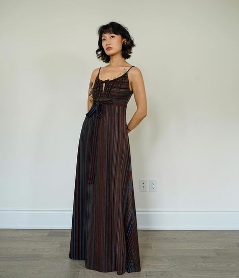 Available for story exchange only: Vintage 1970s black colorful pinstriped maxi dress + bolero set. Bolero has sheer billowy sleeves. Open fit, no closures. Dress has adjustable tie at bust. Attached ties at waist. 100% Polyester. Good vintage condition. #clothesforhearts #vintagefashion #70svintage #sustainablefashion #torontovintage #heartbreakclub #vintageclothingcollector Measurements: BOLERO::: Sleeve length: 21” Sleeve width: 8” Bust: 34” Waist: 26” - 28” Total length: 14” DRESS:: ... Dress Bolero, Billowy Sleeves, Bolero Dress, Vintage 1970s, Sustainable Fashion, 1970s, Vintage Outfits, Vintage Fashion, Maxi Dress