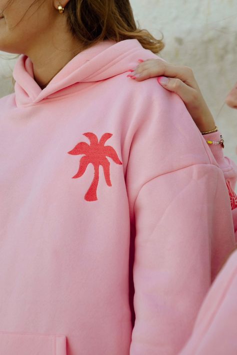 "Everything Comes in Waves" Hoodie in Pink – Pink Palm Puff Spring Cotton Hoodie With Embroidered Logo, Pink Long Sleeve Hoodie With Embroidered Text, Embroidered Hoodie For Streetwear In Spring, Embroidered Hoodie For Spring Streetwear, Spring Embroidered Hoodie For Streetwear, Spring Embroidered Hooded Hoodie, Embroidered Hooded Hoodie For Spring, Pink Hoodie With Embroidered Logo For Spring, Oversized Embroidered Casual Hoodie