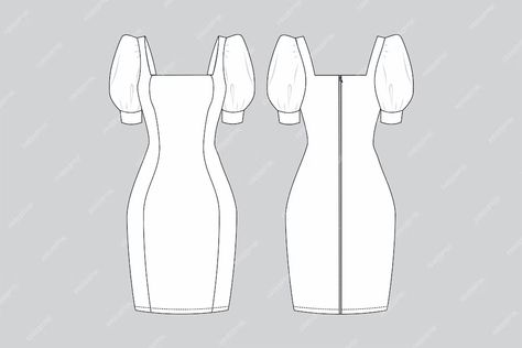 Premium Vector | Square neck dress dress vector technical fashion illustration puff sleeves Puff Sleeves Drawing, Puff Sleeve Dress Flat Sketch, Puff Sleeve Technical Drawing, Dress Technical Drawing, Puff Sleeves Blouse, Dress Vector, Dress Illustration, Flat Sketches, Puff Dress