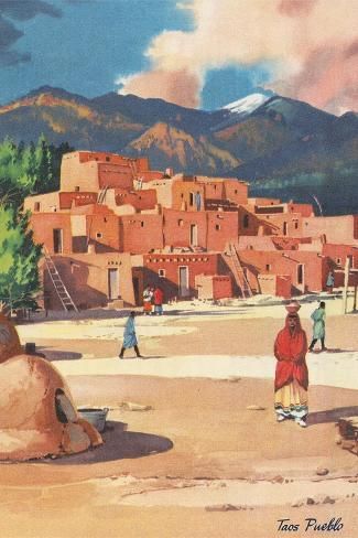 size: 18x12in Art Print: Travel Poster for Taos Pueblo : Entertainment Taos Art, Taos Pueblo, Native American Artwork, Travel Art Print, Southwestern Art, Posters Wall Art, Land Of Enchantment, Desert Art, American Painting