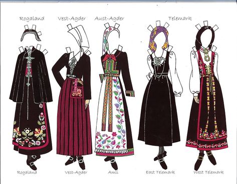 Norwegian Dress, Norwegian Clothing, Norwegian Bunad, Scandinavian Costume, Norwegian Fashion, Paper Doll Book, 1890s Fashion, Folk Clothing, Scandinavian Fashion