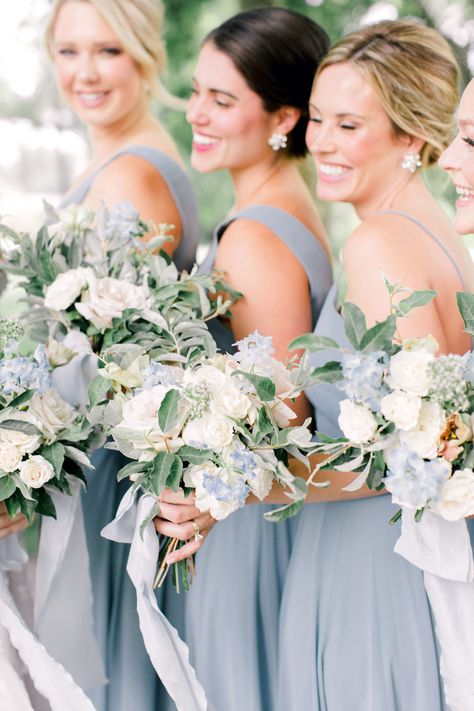 light blue bridesmaid dresses and light blue dusty blue floral accent in wedding bouquets Tablescape Florals, Hoco Flowers, Ice Blue Weddings, Powder Blue Wedding, Wedding Color Schemes Blue, Light Blue Bridesmaid Dresses, Light Blue Bridesmaid, Flowers Romantic, Blue Wedding Inspiration