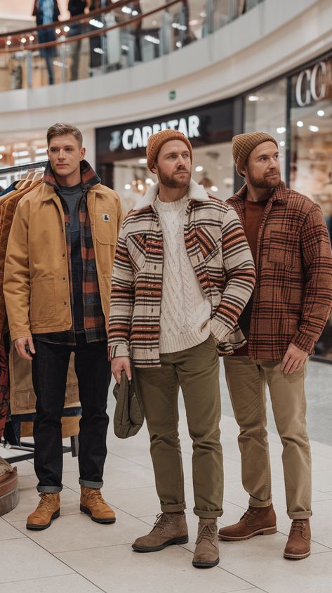 An elegant display of men’s earth-tone outfits in a modern shopping mall, featuring cozy fall styles with corduroy jackets, knit sweaters, flannel shirts, and leather boots in shades of brown, olive, cream, and rust. Earth Tone Outfits Men Casual, Earthtone Outfits Men, Earthtone Outfits, Earth Tone Outfits Men, Earth Tone Outfits, Flannel Outfits Men, Scottish Clothing, Outfits For Fall, Flannel Outfits