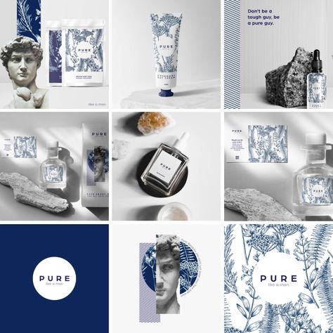 Instagram grid design for "Pure"; a men's skincare brand. Why are all mens brand black and white? With "manly" elements? A softer approach was taken while designing this brand to bring down the "toughness" associated with mens branding. The world is changing so should our approach. Mens Branding, Social Media Makeup, Fragrance Branding, Makeup Banner, Makeup Advertising, Herbal Illustration, Botanical Branding, Promotion Illustration, Cosmetics Background