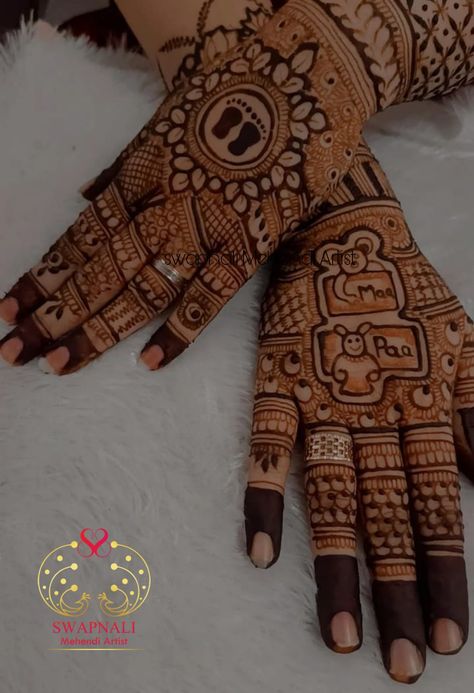 Mundan Mehndi Design, Mehandi Design For Baby Shower Function, Baby Shower Mehndi Back Hand, Baby Shower Mhendi Design Hand, Seemantham Mehendi Designs, Mehendi Designs For Baby Shower Function, Baby Shower Henna Design, Simple Baby Shower Mehendi Designs, Pregnancy Mehndi Design