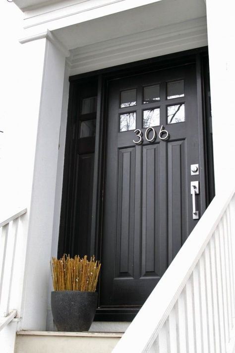 Metal numbers look exceptionally chic and modern on this jet black door. Black Front Door, Front Door Hardware, Black Front Doors, Real Estat, Black Door, Front Door Colors, Greek Revival, Black Doors, Door Color