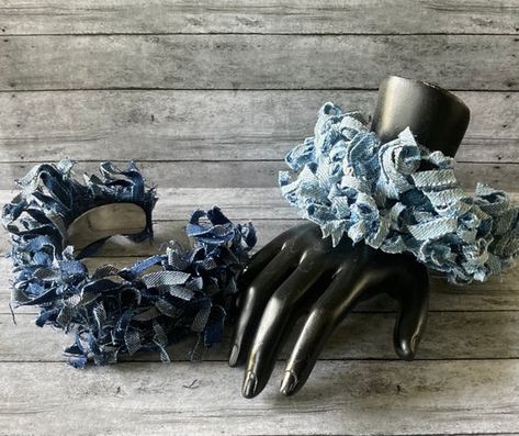 Jeans Cuff, Denim Cuff Bracelet, Beaded Denim, Denim Choker, Fabric Cuff Bracelet, Denim Bracelet, Denim Earrings, Blue Jeans Crafts, Denim And Diamonds