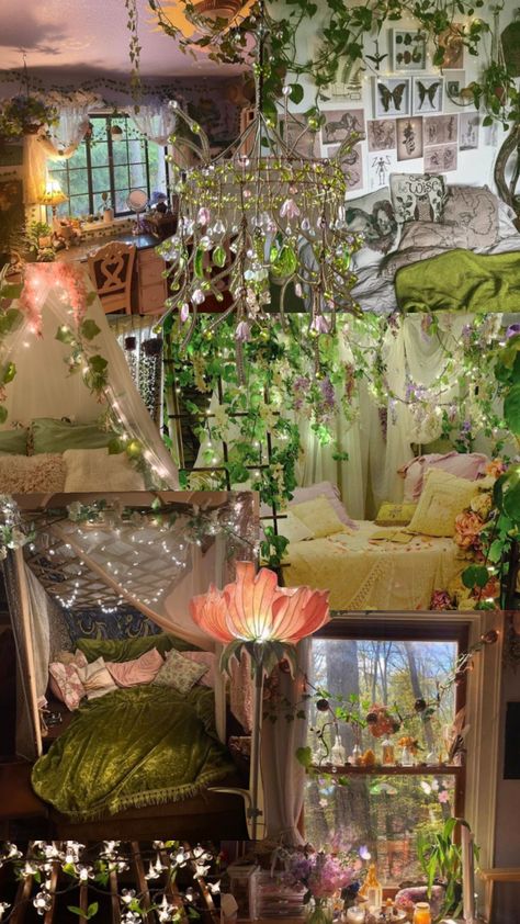 Bloomcore Aesthetic Room, Purple Fairy Room, Fairy Garden Bedroom Ideas, Fairy Bedroom Ideas For Adults, Fairy Bedroom Aesthetic, Fairy Room Aesthetic, Basement Aesthetic, Forest Bedroom Aesthetic, Fairy Core Room