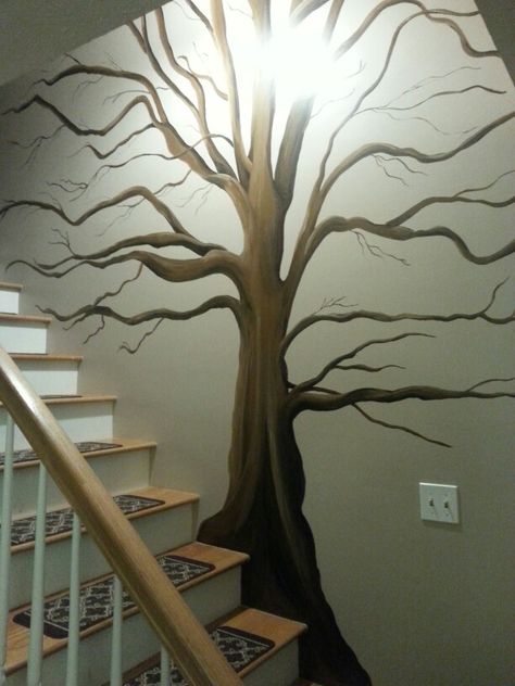 Stair Wall Mural Painting Ideas, Tree Murals On Wall Paint, Painting A Tree On A Wall, Hand Painted Trees On Walls, Painted Tree On Wall, Tree Murals On Wall Diy, Tree Of Life Murals On Wall, Tree Wall Murals Diy, Oak Tree Mural