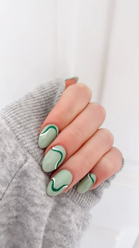 Nail Designs Swirls Simple, Nail Design With Lines Stripes, Green Rainbow Nails, Green Groovy Nails, Blob Nails Design, Nail Designs Green And White, Green And White Swirl Nails, Fall Nails Swirl, Save Green Nails