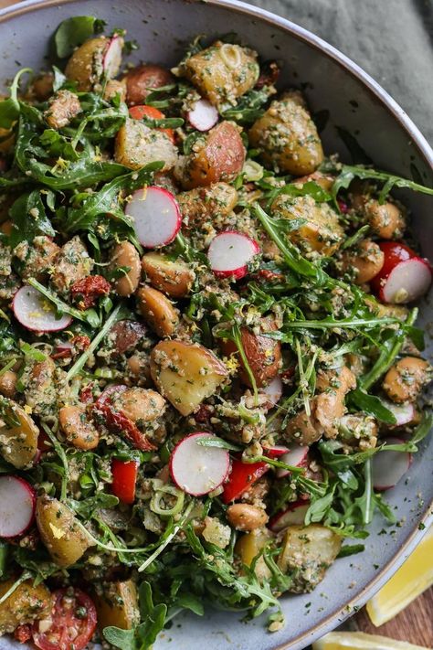 Potato Pesto Salad | Pick Up Limes Pesto Potato Salad, Pesto Potatoes, Main Salad, Pesto Salad, 2024 Recipes, Veg Dishes, Veggie Food, Vegan Side Dishes, Vegan Sides