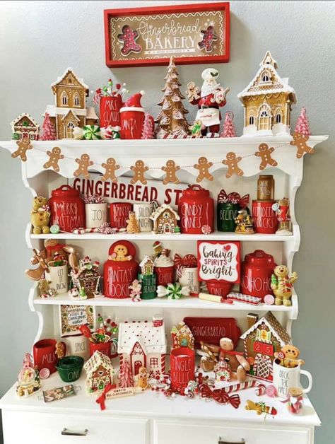 Gingerbread Hutch Decor, Gingerbread Display Ideas, Mrs Claus Kitchen Decorations, Gingerbread Christmas Decor Kitchen, Gingerbread Kitchen Decorating Ideas, Gingerbread Themed Christmas Decor, Christmas Cabinets, Christmas Hutch Decor, Gingerbread Display