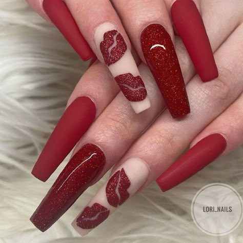 Nail Art For Girls, Valentines Nail Art Designs, Long Red Nails, Valentines Day Nails, Valentine Nail Art, Red Acrylic Nails, February Nails, Nail Designs Tutorial, Nail Designs Valentines