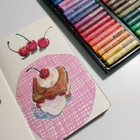 Oilpastels painting, oil pastel, painting, art aesthetic, art Cake Oil Pastel, Oil Pastel Art Aesthetic, Pastel Art Aesthetic, Pastel Cakes, Oil Pastels Painting, Arts Ideas, Oil Pastel Paintings, Cherry Cake, Oil Pastel Art