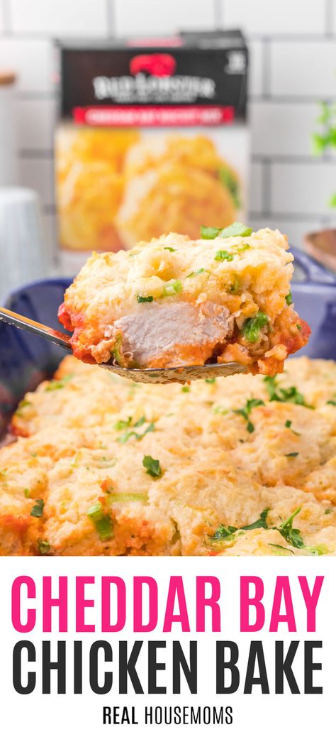 This Cheddar Bay Chicken Bake is an amazingly simple one-dish recipe that turns fan favorite Cheddar Bay Biscuits into the star of the meal! #Realhousemoms #cheddar #bay #chicken #bake #dinner #cheddarbaybiscuts #casserole #cheese #onedish Cheddar Bay Chicken Bake, Cheddar Bay Biscuit Meals, Cheddar Bay Biscuit Chicken Pot Pie, Chicken Bake Dinner, Cheddar Bay Chicken, Biscuit Chicken Pot Pie, Bake Dinner, Chicken Breast Recipes Baked, Cheddar Bay Biscuits