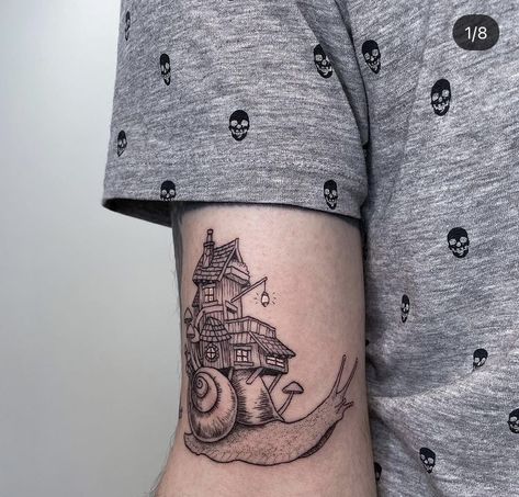 Snail House Tattoo, Snail House, Snail Tattoo, House Tattoo, Mushroom Tattoo, Shell Tattoos, Fairy Mushroom, Wing Tattoo Designs, Mushroom Tattoos