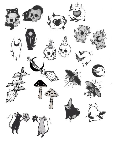 Cute Small Doodle Tattoos, Gothic Stick And Poke Tattoo, Grunge Flash Tattoo, Witch Flash Tattoo, Tattoo Flash Sheet Ideas, Creepy Flash Tattoo, Small Creepy Tattoos, Pirografo Ideas, Edgy Tattoo Ideas