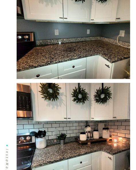 Subway tile backsplash before and after Backsplash Before And After, Subway Tile Backsplash, Kitchen Reno, Subway Tile, Tile Backsplash, Backsplash, Reno, Kitchen Cabinets, Tile