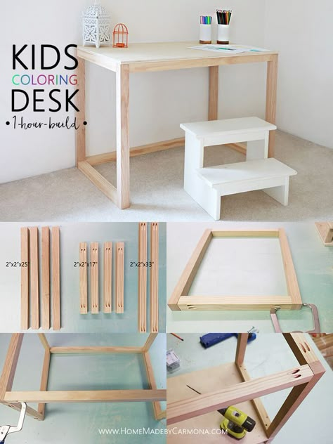 Learn how to make this simple kids coloring desk, easily built in about an hour! You get to be super mom or super dad and it won't take up your entire day! Side By Side Desks Home Office, Diy Childs Desk, Diy Kids Desk Easy, Diy Kids Desk With Storage, Easy Desk Diy, Small Desk Diy, Kids Desk Diy, Kids Table Diy, Diy Small Desk