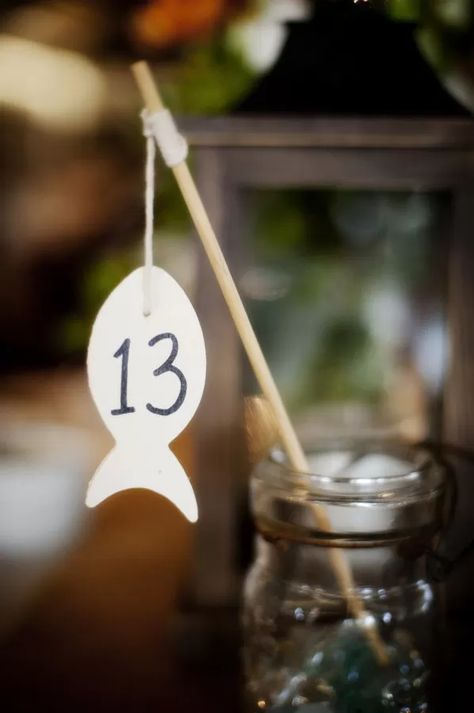 Fishing Themed Wedding, Fishing Table, Wedding Table Themes, Beach Wedding Decorations Reception, Fishing Wedding, Connecticut Wedding, Fishing Theme, Nautical Wedding, Wedding Table Numbers