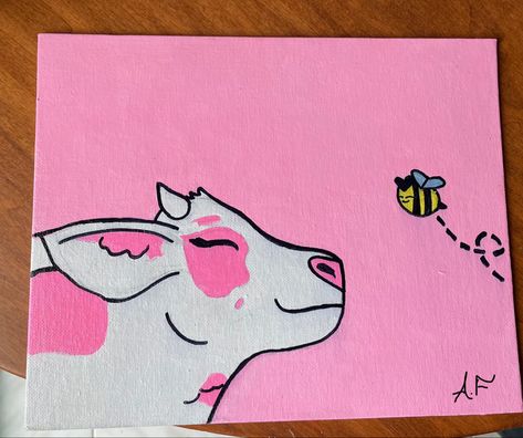 Pink Cow Drawing, Cartoon Cow Painting, Pink Cow Painting, Painting Ideas On Canvas Cow, Strawberry Cow Painting, Cow Painting Acrylic Easy, Easy Cow Painting, Cow Canvas Painting Easy, Cow Painting Easy