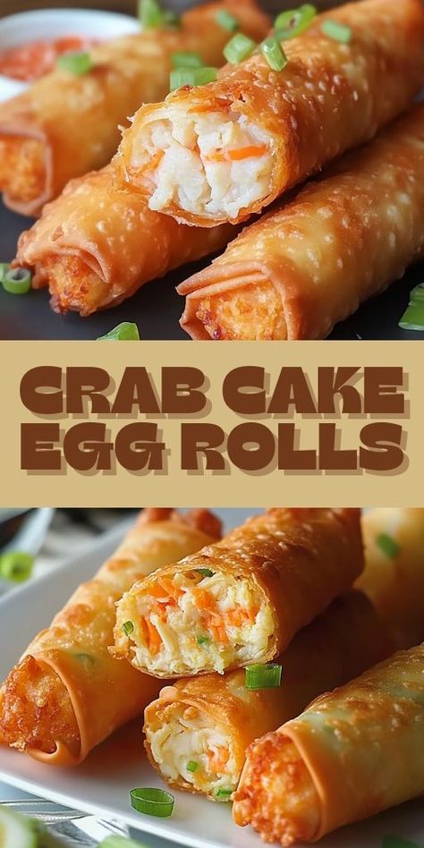 Upgrade your appetizers with Crispy Crab Cake Egg Rolls! 🦀🥢 Filled with succulent crab, herbs, and spices, then fried to golden perfection. Perfect for parties or a sophisticated snack. Serve with tangy dipping sauce for an unforgettable taste. Click to get the recipe and impress your guests! Save this pin to your appetizer collection. #CrabCakeEggRolls #GourmetAppetizer #SeafoodRecipes #PartyFood #CrispyDelights 🦀🥢🍤✨ Egg Rolls Pork, Crab Egg Rolls, Crab Meat Recipe, Feast Of 7 Fishes, Crispy Crab Cakes, Summer Rolls Recipe, Crab Eggs, Halloween Cookie Recipes, Gourmet Appetizers