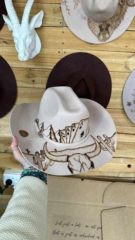 Burn Design On Hat, Custom Burnt Cowboy Hats, Hat Burning Stencil, Hat Burning Ideas, Burnt Hats, Leather Burning, Burned Hats, Cowboy Hat Design, Western Nursery