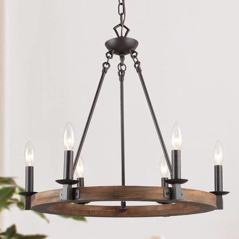 The Gray Barn Modern Industrial 6-Light Wagon Wheel Wood Chandelier for Dining Room - On Sale - Bed Bath & Beyond - 29213582 Dining Room Pendant Light, Candlestick Chandelier, Wood Wagon, Dining Room Light Fixture, Dining Room Pendant, Wheel Chandelier, Cabin Lighting, Pendant Lighting Dining Room, Vintage Bulbs