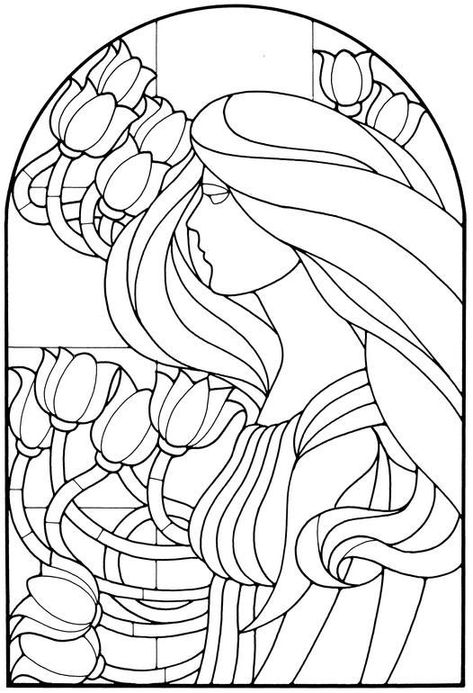 Lady in flowers pattern Art Nouveau Stained Glass, Paint Pictures, Glass Painting Patterns, Stained Glass Studio, Stained Glass Quilt, Art Nouveau Pattern, Stained Glass Pattern, زجاج ملون, Glass Art Projects