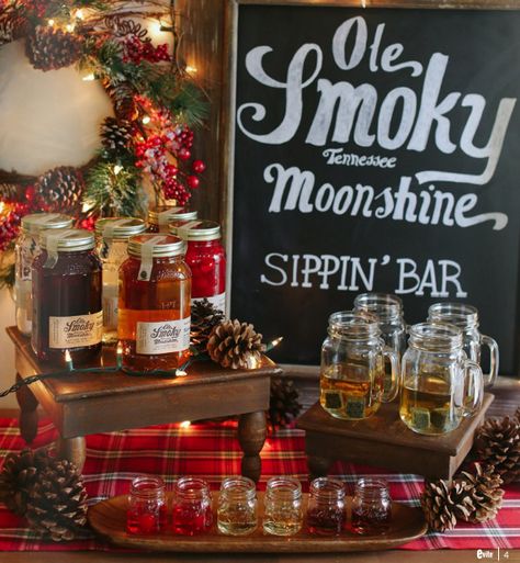 Moonshine Birthday Party Ideas, Moonshine Bar Wedding, Moonshine Bar Ideas, Holiday Hoedown Christmas Party, Hillbilly Christmas, Country Christmas Party, Holiday Hoedown, Flannel Party, Hillbilly Party