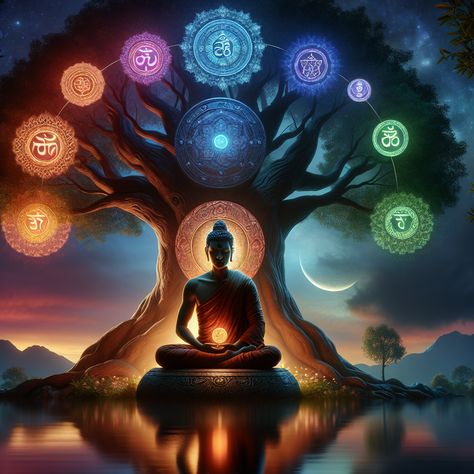 Under a vibrant Tree of Life, a meditating Buddha radiates tranquility, awesome ancient symbols engraved in the bark. Glowing chakras dance around in metaphysical harmony. Witness the ethereal transition from tranquil dawn to dazzling night, embodying stages of enlightenment. #BuddhistArt #MeditationArtwork #SpiritualJourney #TreeOfLifeDesign #ChakraImagery Buddha Enlightenment Art, Meditation Chakras Wallpaper, Buddha Meditation Wallpaper, 7 Chakras Wallpaper, Metaphysics Art, Buddha Meditation Art, Meditation Wallpaper, Buddha Enlightenment, Bodhi Tree Art