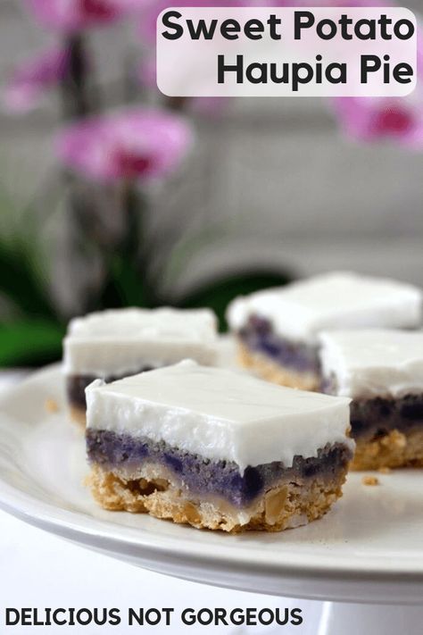 Haupia Bars, Sweet Potato Haupia Pie, Hawaii Desserts, Hawaiian Dessert Recipes, Hawaiian Dessert, Haupia Pie, Okinawan Sweet Potato, Hawaiian Desserts, Sweet Potato Pudding