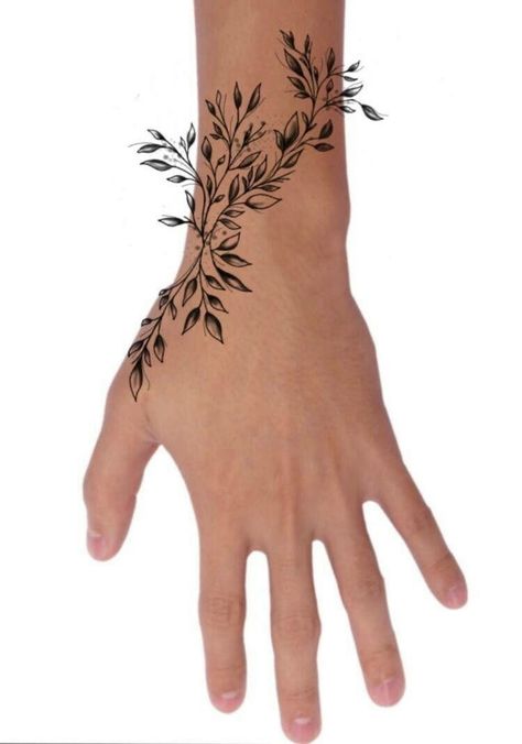 Vine Hand Tattoo Stencil, Pinky Finger Vine Tattoo, Simple Thumb Tattoos, Thumb Wrap Tattoo, Leaves Tattoo On Hand, Feminine Thumb Tattoos, Wrist To Thumb Tattoos For Women, Vines On Hand Tattoo, Floral Thumb Tattoos