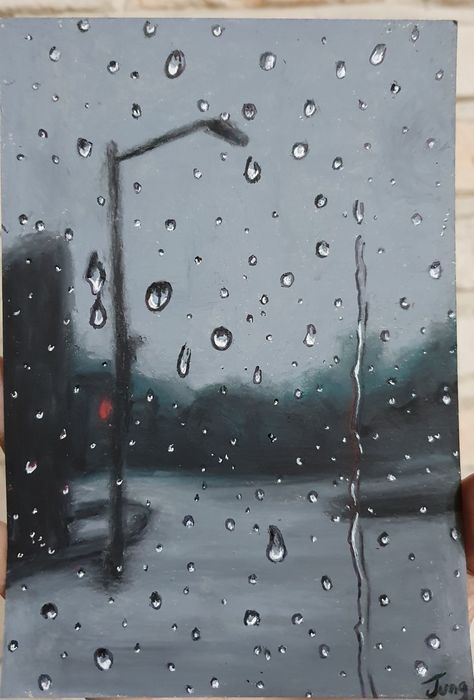 Raindrops Acrylic Painting, Rain Drops Painting Acrylic, How To Paint Rain Drops Acrylic, Rain On Window Painting, Easy Rain Painting, Raining Watercolor, Rain Drops Painting, Rain Canvas Painting, Rain Painting Acrylic