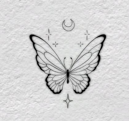 Zodiac Butterfly Tattoo, Butterfly Tattoo Moon, Butterfly Tatoos Woman, Moon With Stars Tattoo, Tattoo Stencils For Women, Butterfly Tattoo Designs For Women, Butterfly Tattoo Ideas For Women, Butterfly And Stars, Moon And Star Tattoo