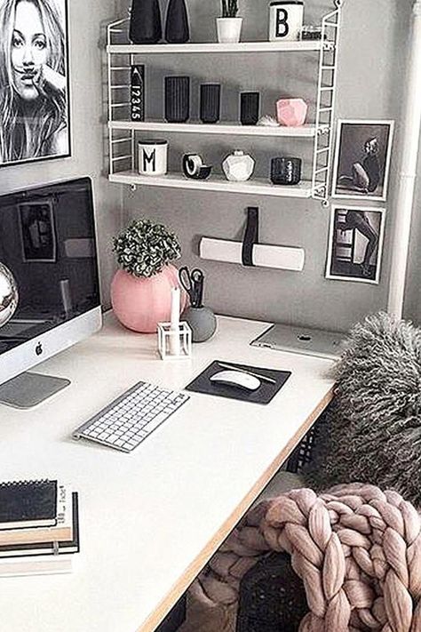 Converting a corner of your bedroom into a small home office area or workspace. Smart home office ideas for work from home moms and students. Love the gray and white decor theme of this home office - the pink accents are perfect! #Homeofficeideas Office Decor Ideas For Women, Office Ideas For Work, Feminine Home Office Ideas, Home Office Inspo, Home Office Ideas For Women, Feminine Home Offices, Cool Office Space, Feminine Home, Work Office Decor