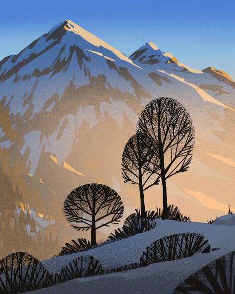 Paul Rabaud, Mountain Drawing, Winter Illustration, Environment Art, Inspirational Artwork, Landscape Drawings, Fantasy Art Landscapes, Background Art, Landscape Illustration